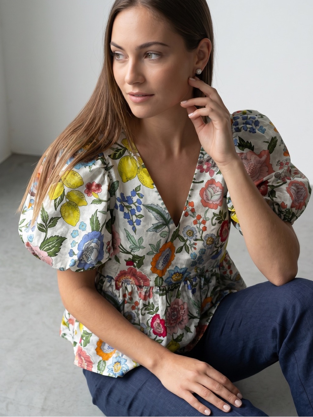 🌻CROSBY by Mollie Burch Izzy Top Lemon Verbena Floral Puff Sleeve Blouse XS